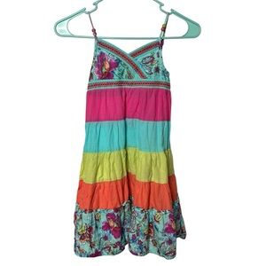 Monsoon‎ Dress Girls 7 Years Mirror Work Rainbow Tiered Summer Beach Multicolor